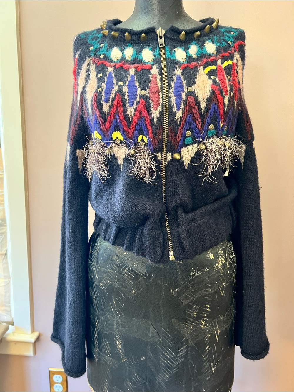 Free People Funky Studded Spikes Colorful Wool/Mohair Blend Cardigan Hoodie XS